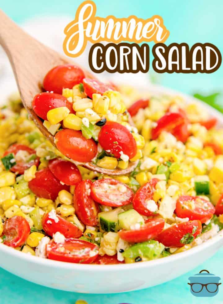 Wooden spoon scooping up some Summer Corn Salad from bowl Pinterest image