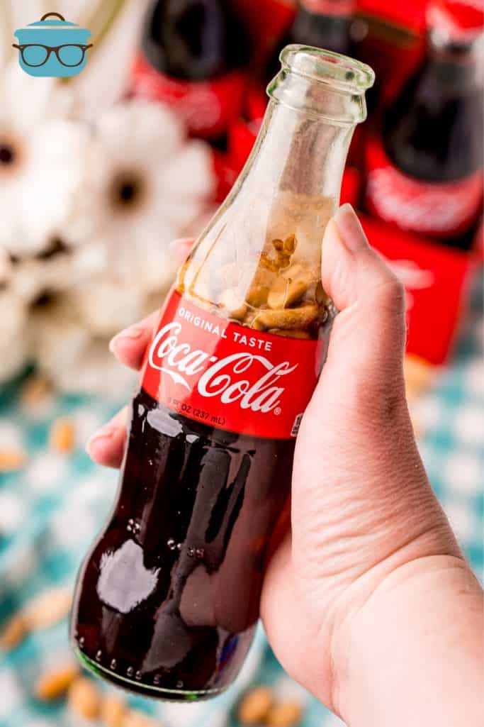 Hand holding bottle of Coca-Cola and Peanuts