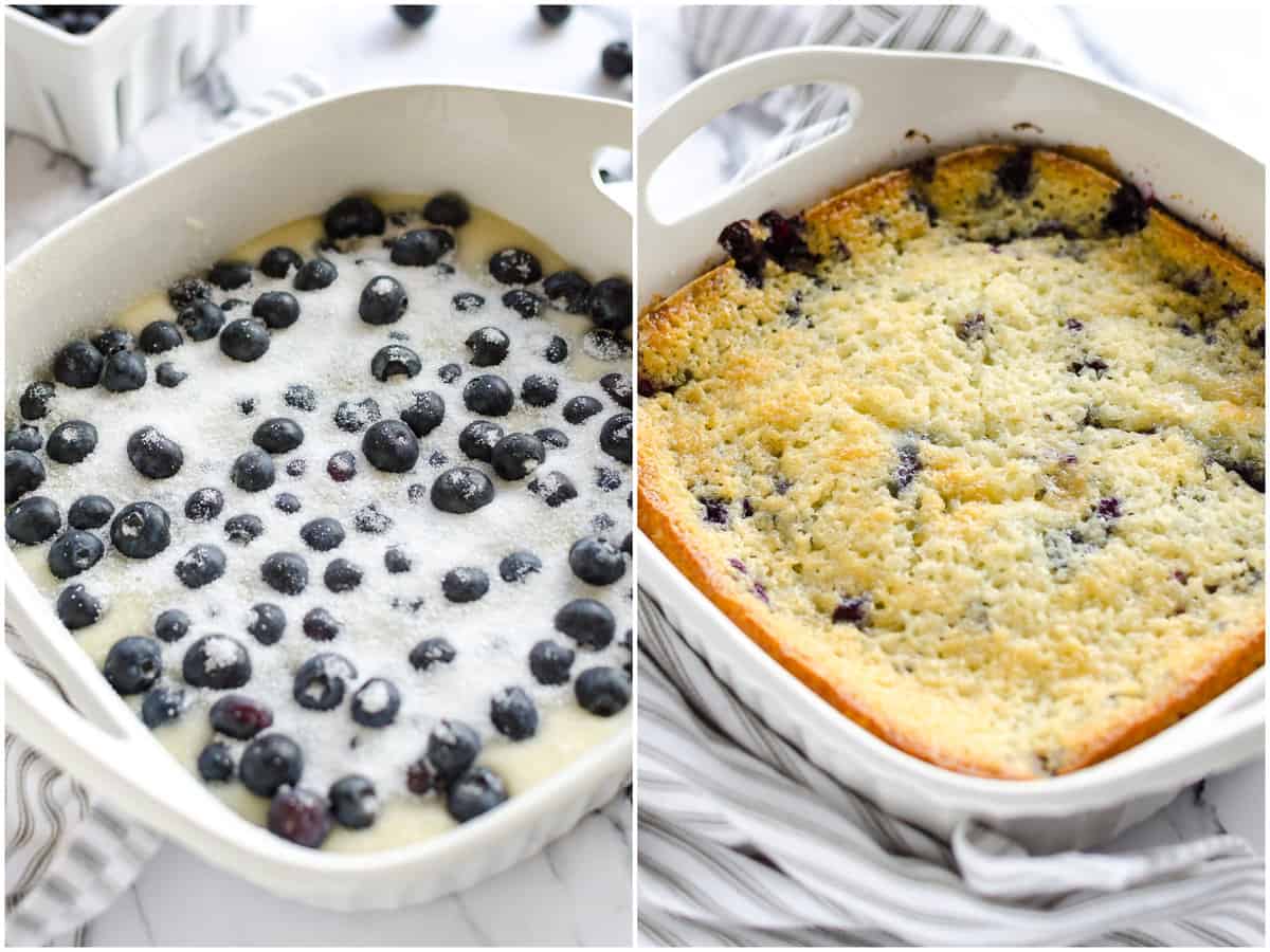 collage of two photos: blueberry cobbler batter shown in a white square baking dish, topped with fresh blueberries and sprinkled with sugar and fully baked blueberry cobbler in a white square baking dish with handles.