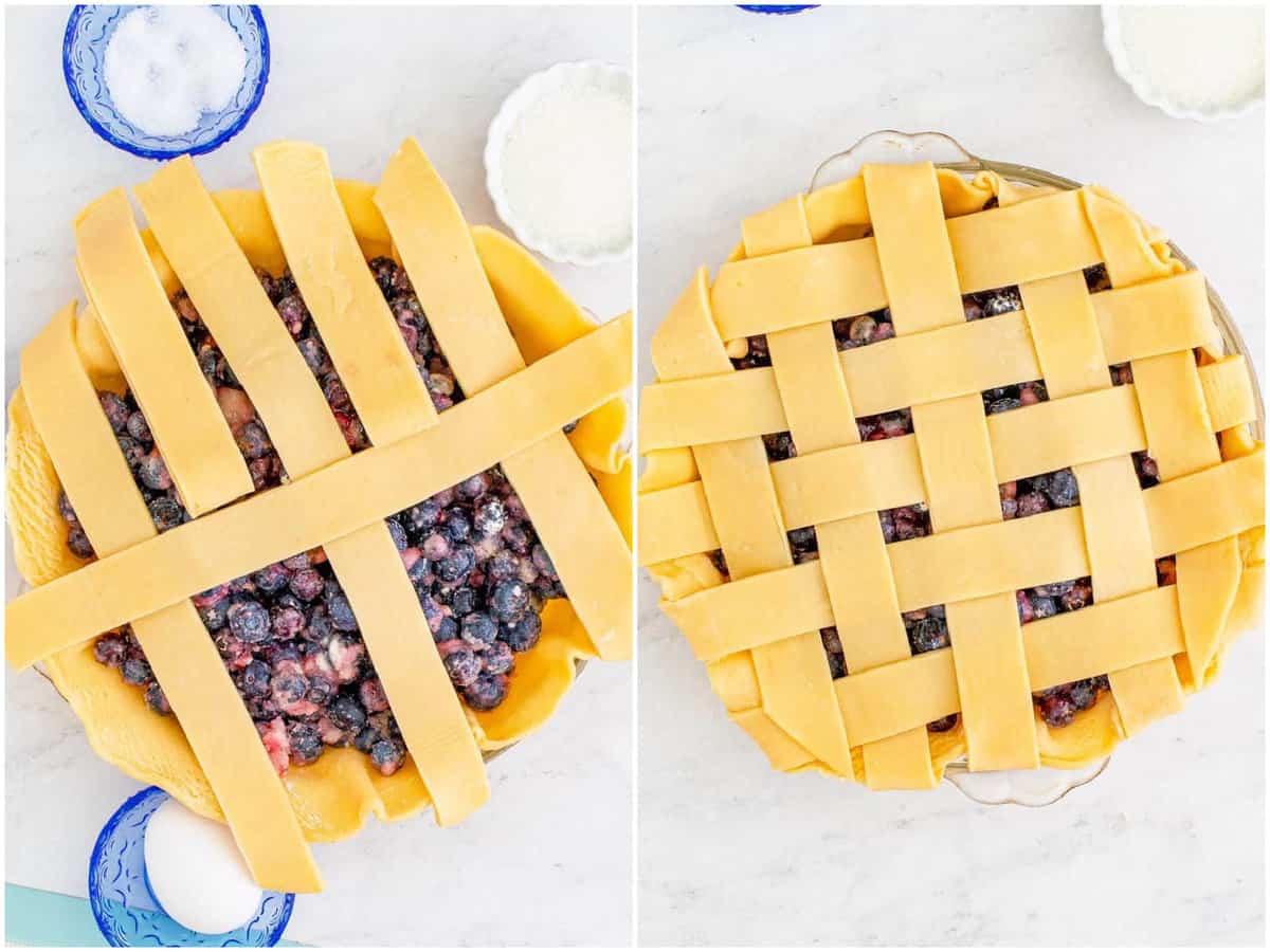 collage of two photos: strips of pie crust pulled back to show the beginning of how to lattice the pie crust and finished lattice pie crust on top of blueberry pie.