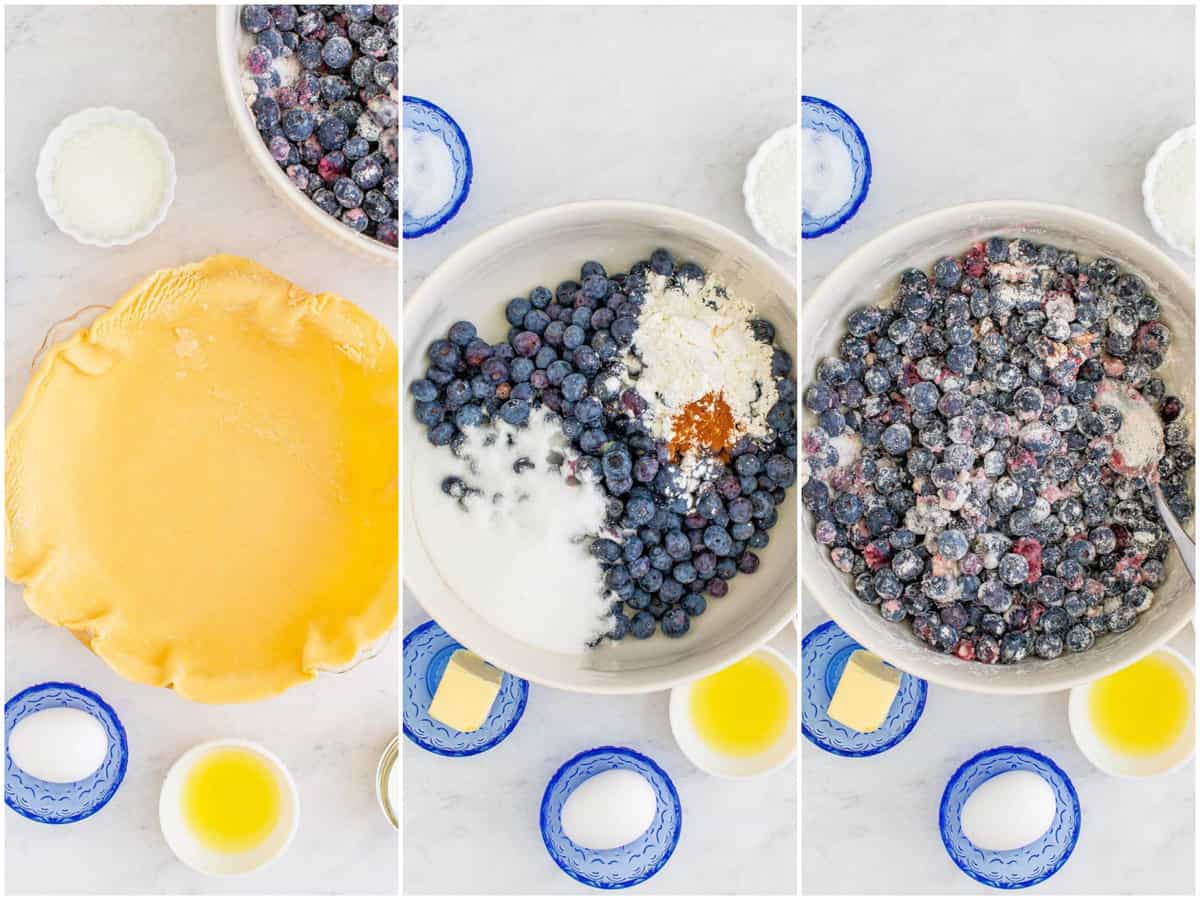 collage of three photos: one pie crust layered in bottom of pie pan, blueberries, sugar, cornstarch, lemon juice, cinnamon, and sea salt in white bowl and blueberry Mixture stirred together in a white bowl.