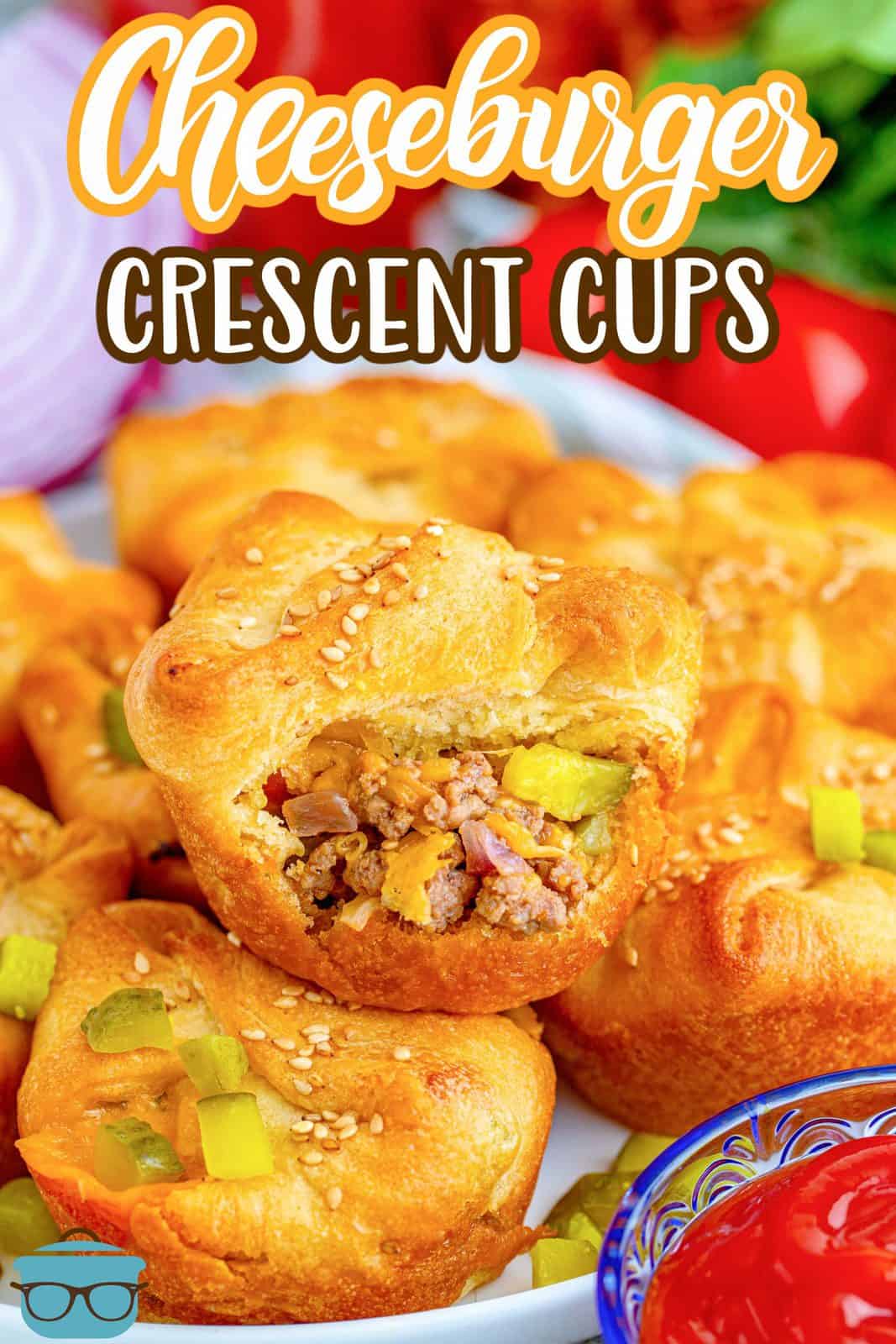 Image of stacked Easy Cheeseburger Crescent Cups on top of one another on a round white plate.