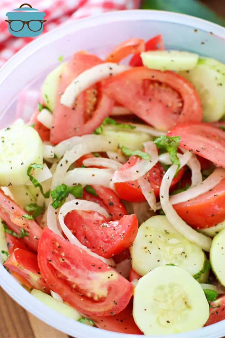 Marinated Tomato Cucumber Salad in a plastic bowl.
