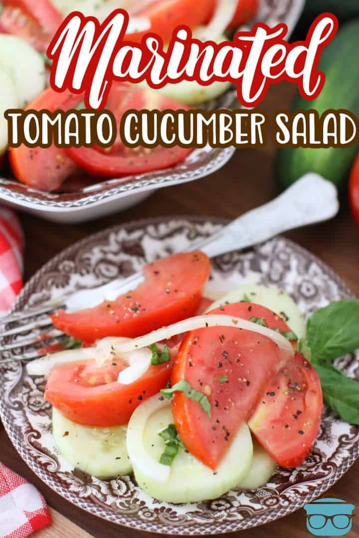 Marinated Tomato Cucumber Salad recipe from The Country Cook - a serving of the salad shown on a brown and white Spode plate with a fork set off to the side.