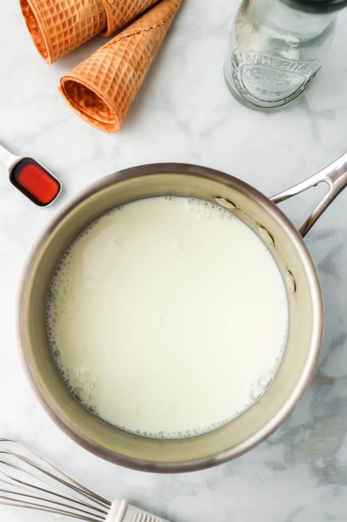 Milk and sugar in saucepan