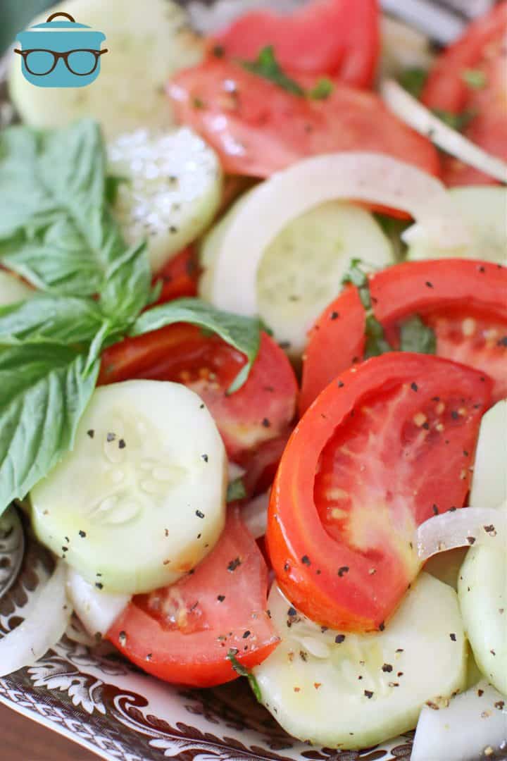 closeup photo of marinated sliced tomatoes, cucumbers and onion in a bowl with a basil leaf.