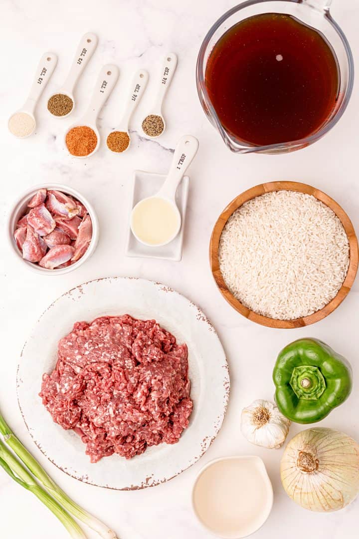 Ingredients needed: ong grain rice, beef broth, canola oil, lean ground beef, chicken gizzards, green bell pepper, sweet onion, garlic, celery seed, creole seasoning, onion powder, cayenne pepper, ground black pepper, water and green onion.