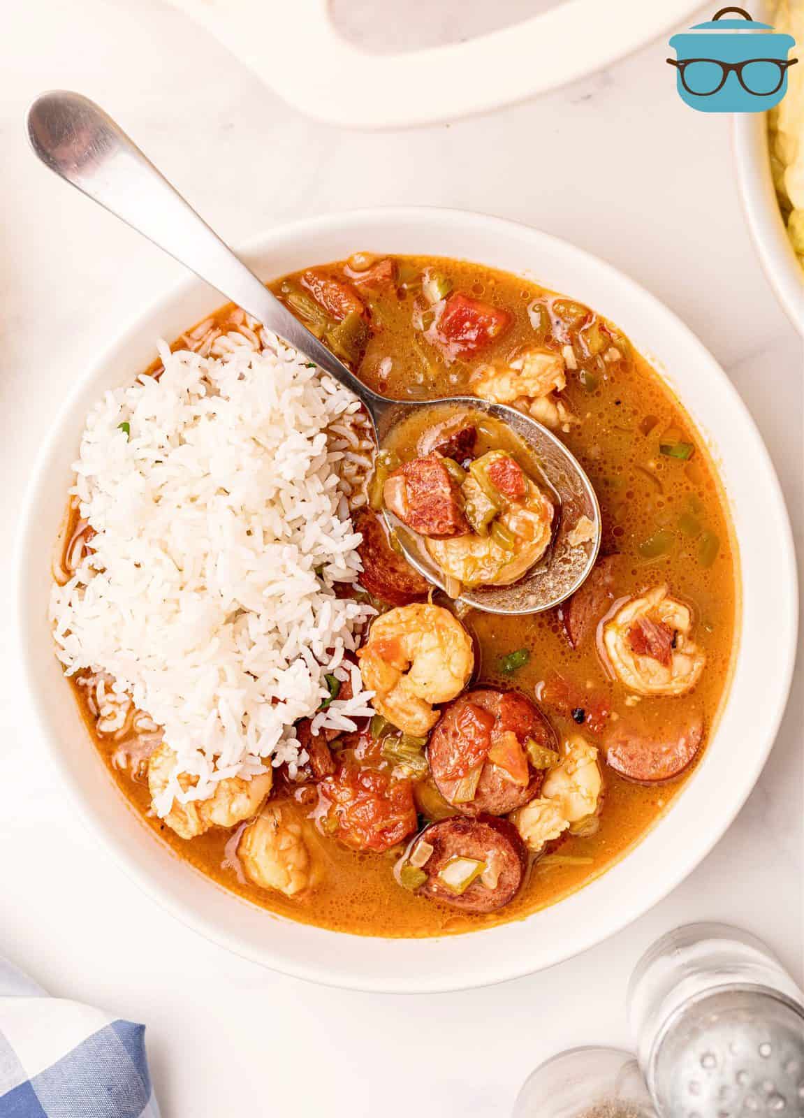 Overhead of bowl of Southern Shrimp Gumbo with rice.