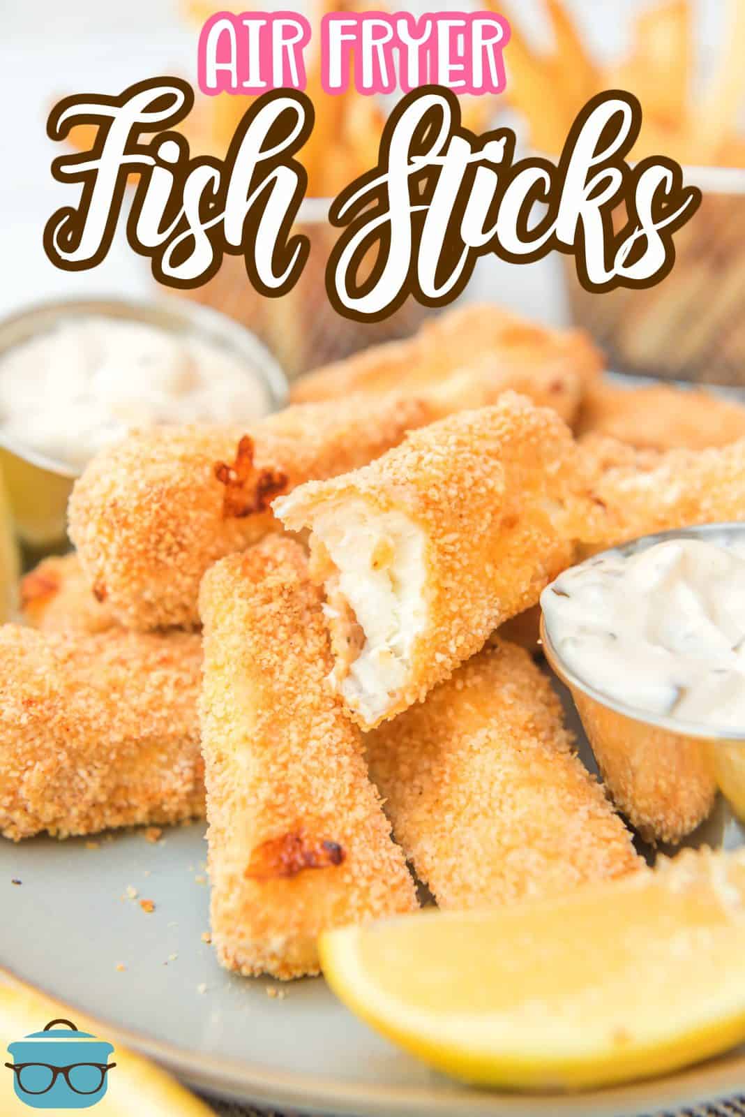 Stacked Homemade Fish Sticks with bite taken out of one Pinterest image.