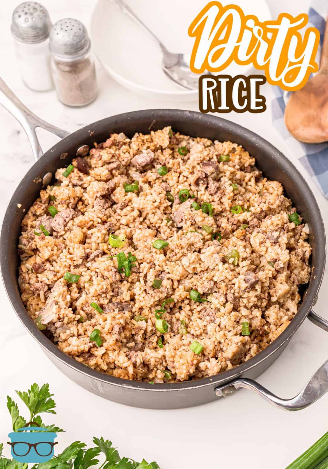 Photo of finished Dirty Rice in a large skillet. 