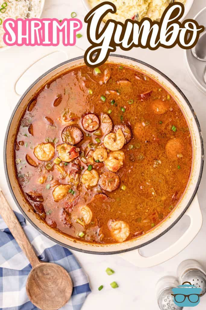 Overhead of finished Gumbo in dutch oven Pinterest image
