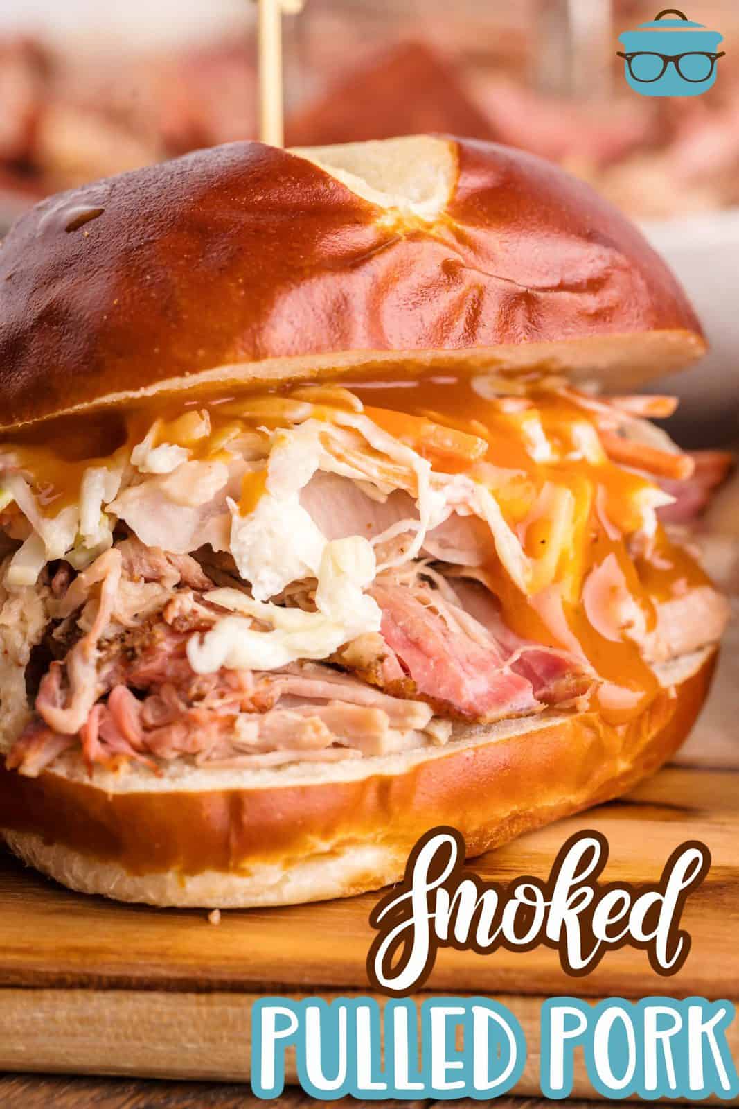 Close up of Smoke Pulled Pork sandwich Pinterest image.