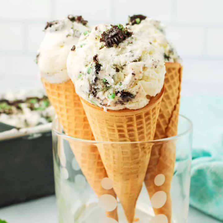 Square image of three ice cream cones with Mint Ice Cream in glass