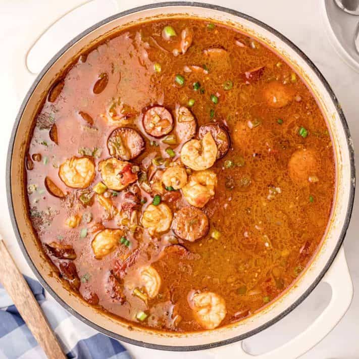 Square image of overhead photo of Southern Shrimp Gumbo in dutch oven