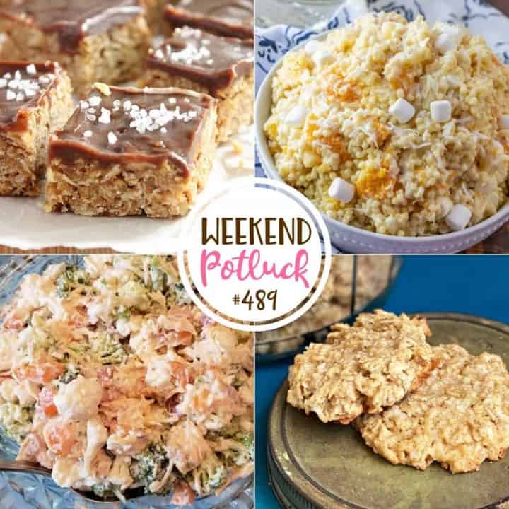Weekend Potluck featured recipes include: Mrs. Obinger's Coconut Cookies, O'Henry Bars, Creamy Broccoli Cauliflower Salad, and Frog Eye Salad