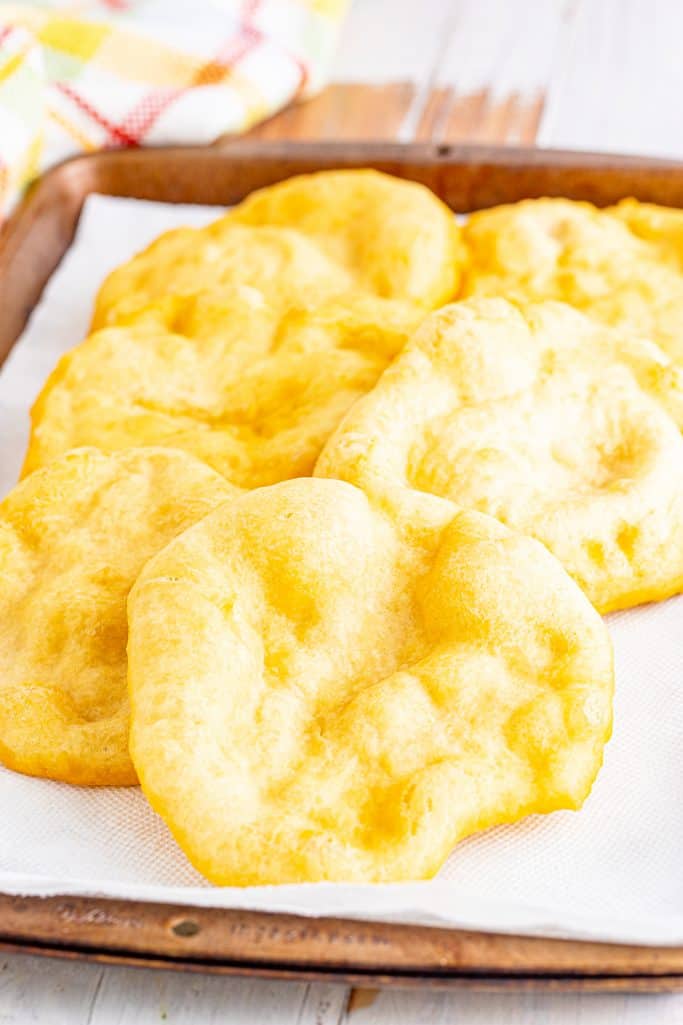 Finished fry bread on paper towel lined pan.