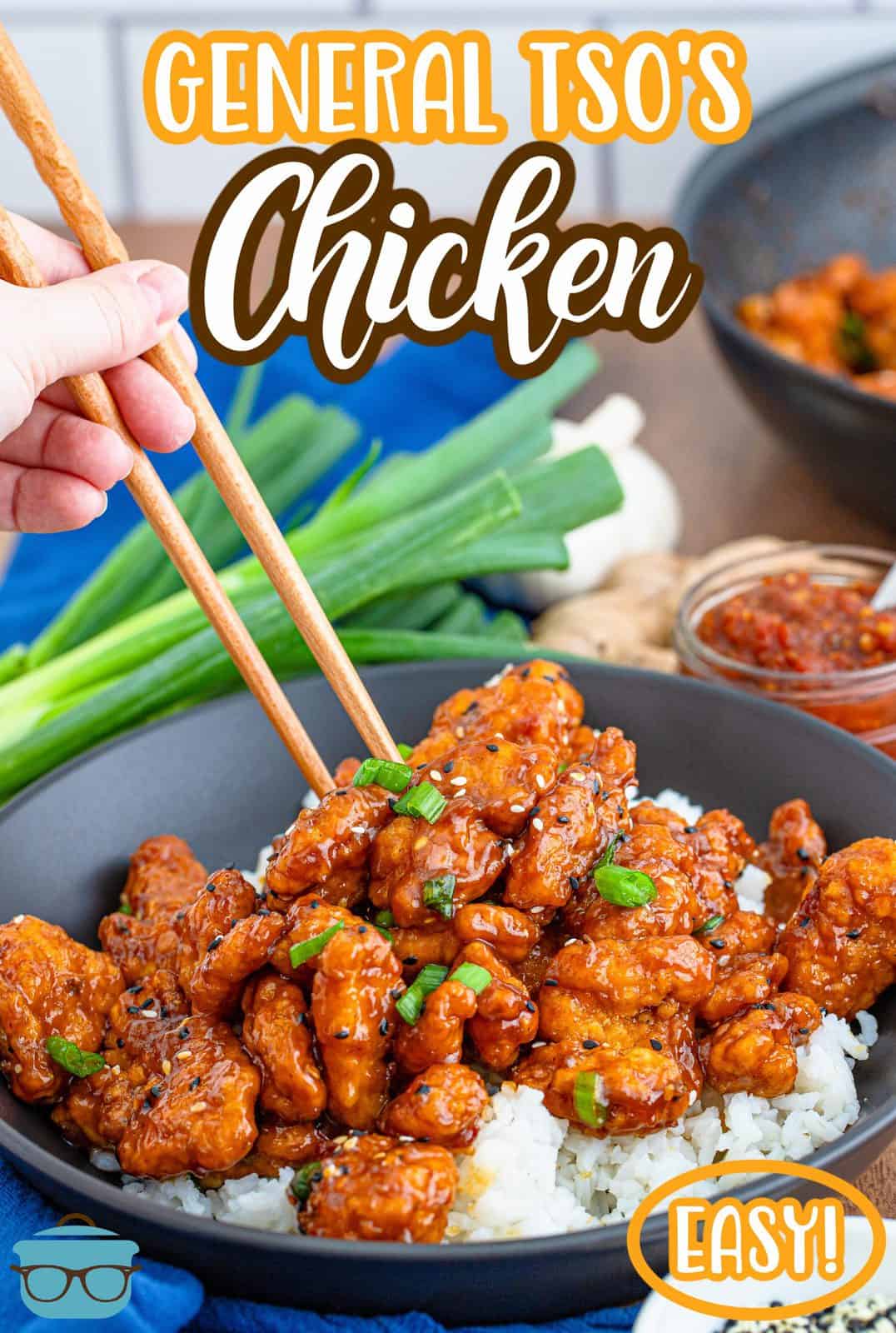 Hand holding chop sticks into Easy General Tso's Chicken with rice Pinterest image.