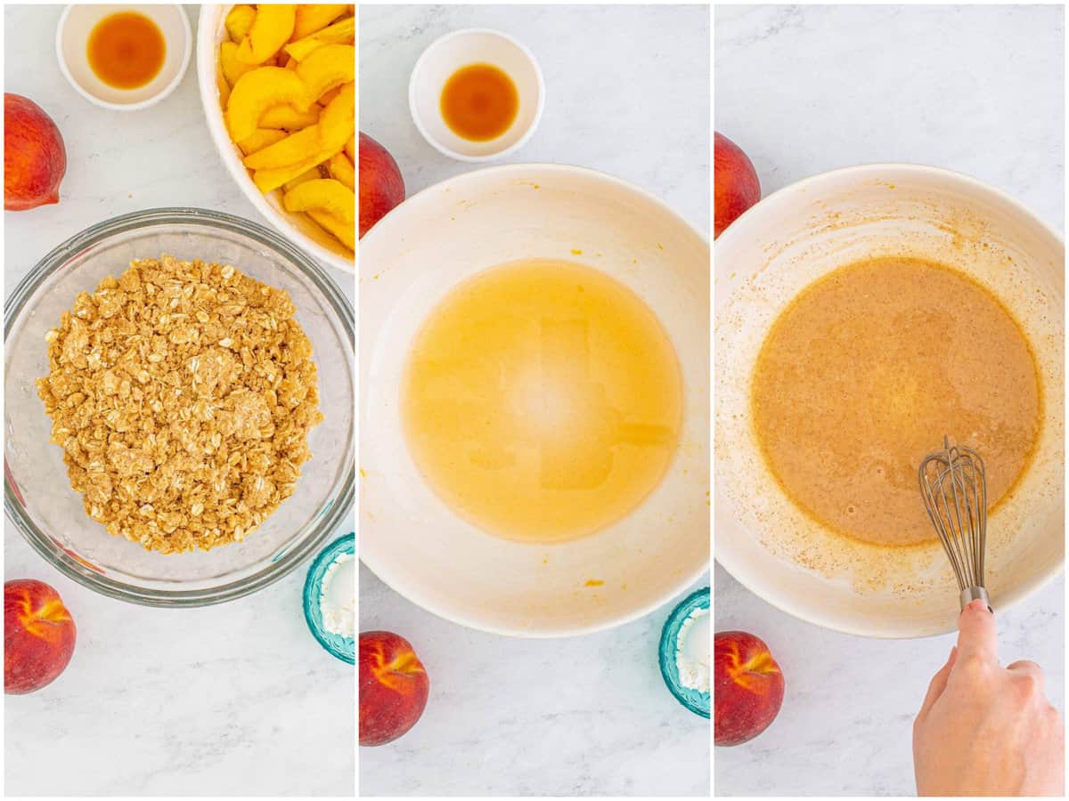 collage of three photos: topping blended together in bowl forming clumps; drained peach juice in large white bowl; cornstarch, vanilla, cinnamon, and salt whisked together with peach juice.