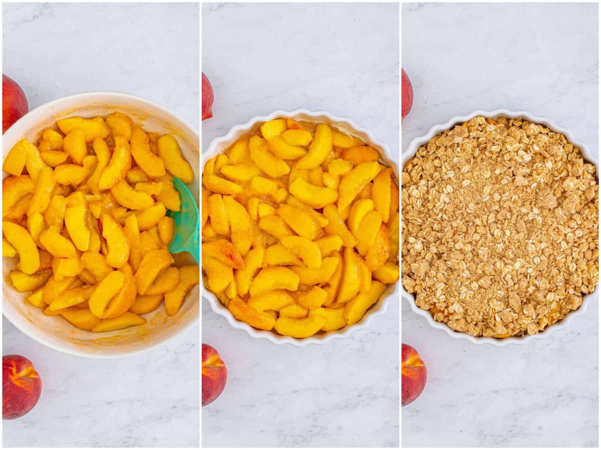 collage of three photos: sliced peaches added back to bowl and tossed with peach juice mixture; peach filling added to pie dish; crumble topping evenly placed on top of pie mix. 