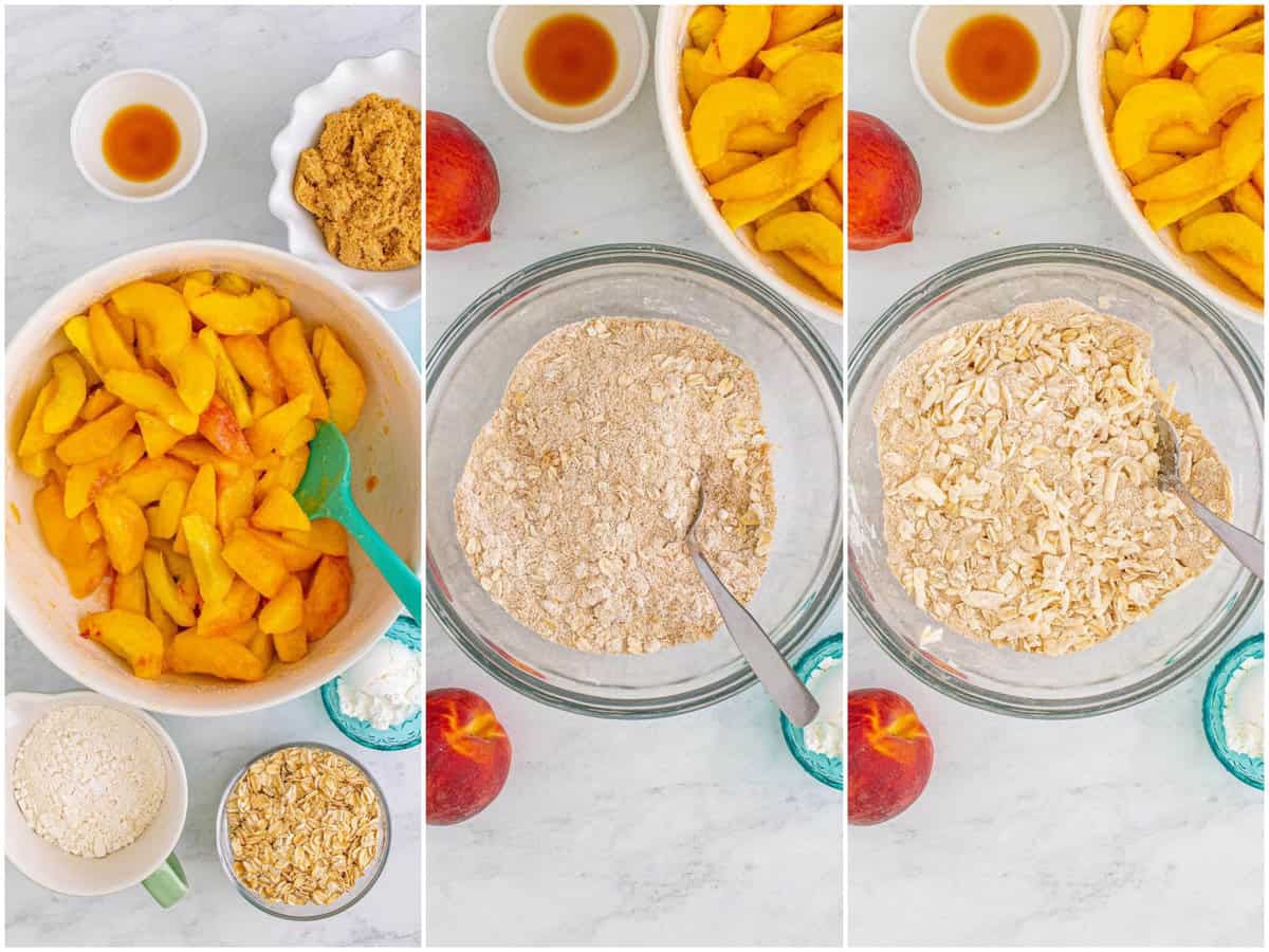 collage of three photos: peaches and sugar mixed together in large white bowl; brown sugar, flour, oats, cinnamon, nutmeg, and salt mixed together in bowl; shredded butter added to oat mixture in the bowl. 