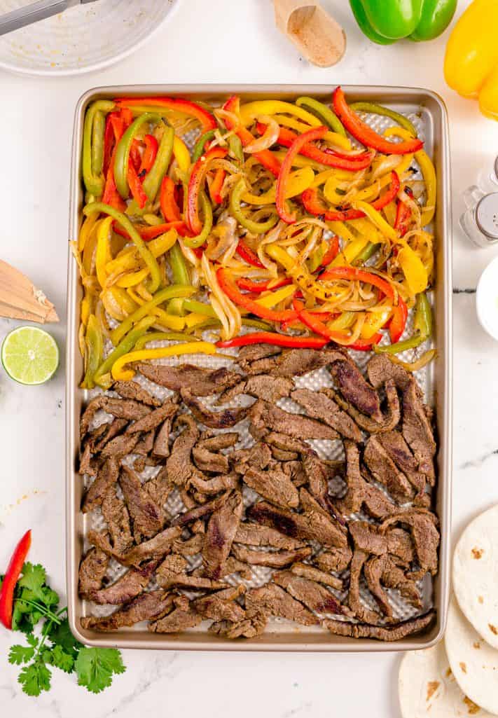 Cooked beef and vegetables on sheet pan.