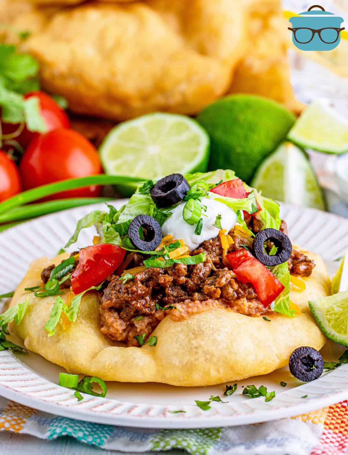 Taco toppings on top of Fry Bread Tacos on white plate with ingredients in background.