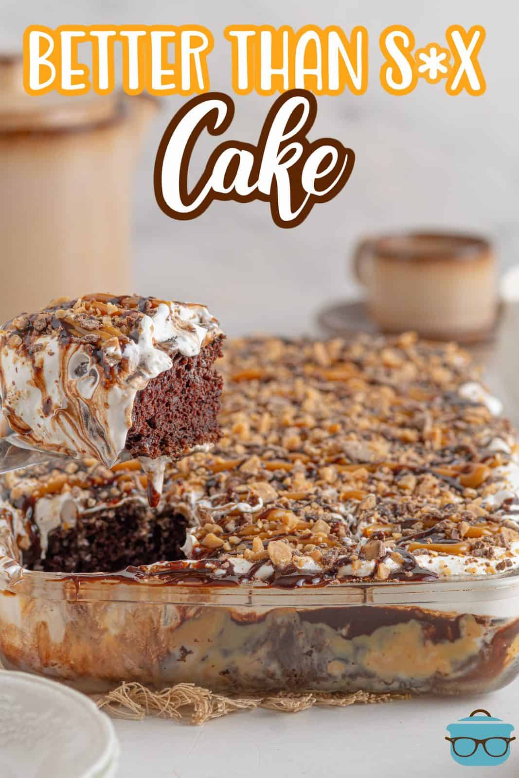 Pinterest image with cake server holding up slice of cake.