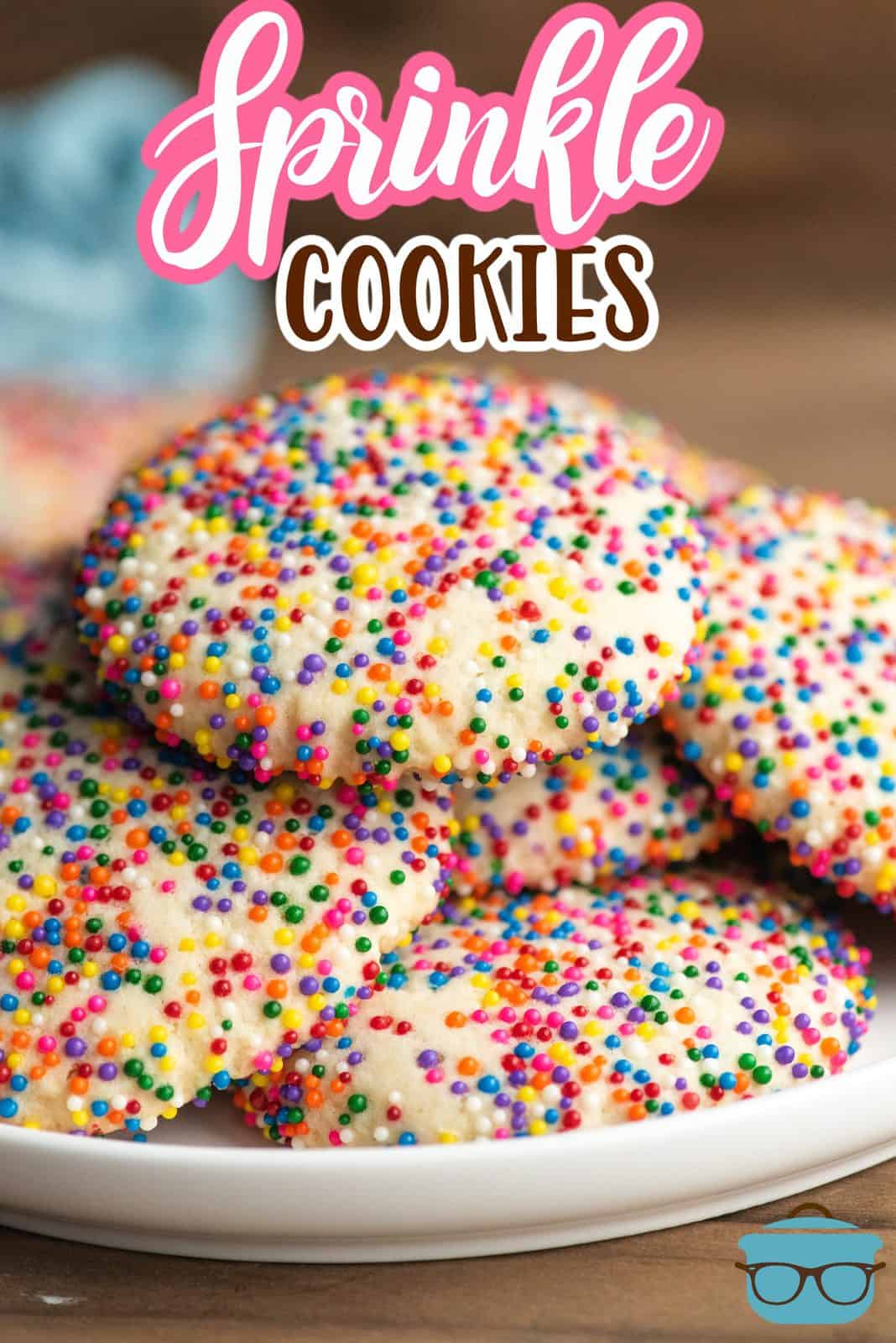 Pinterest image of Sprinkle Cookies on white plate.