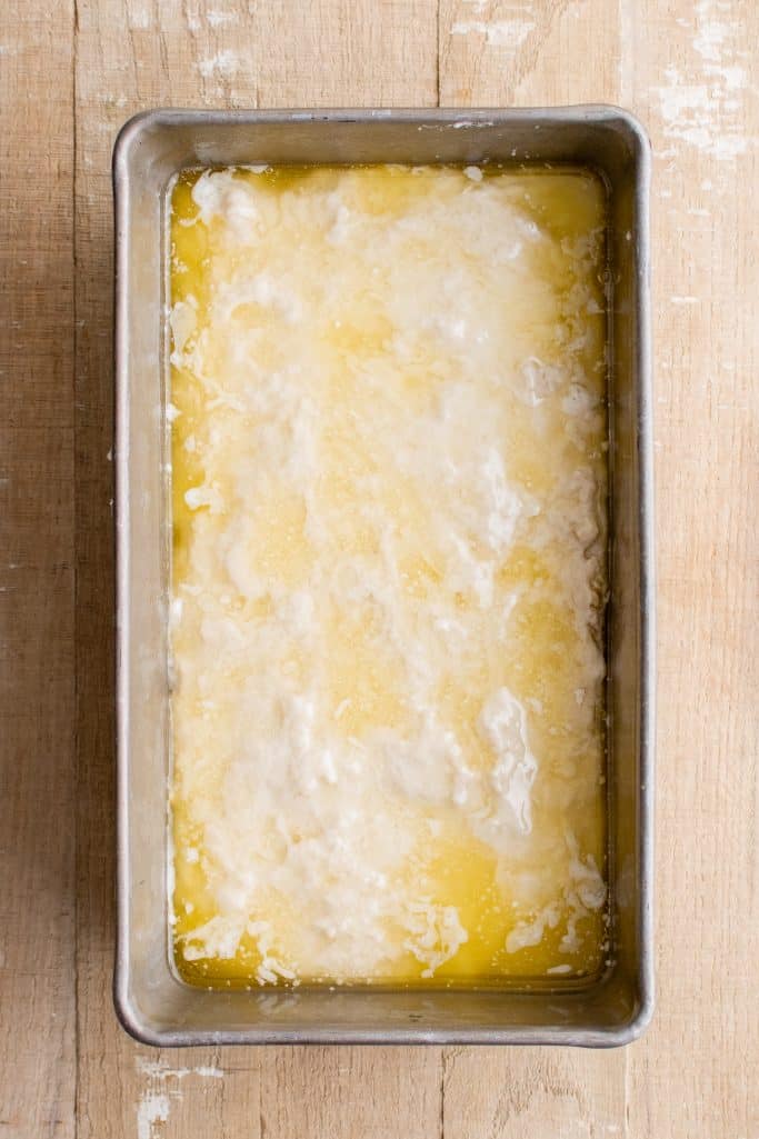 Butter poured over the top of batter in loaf pan.