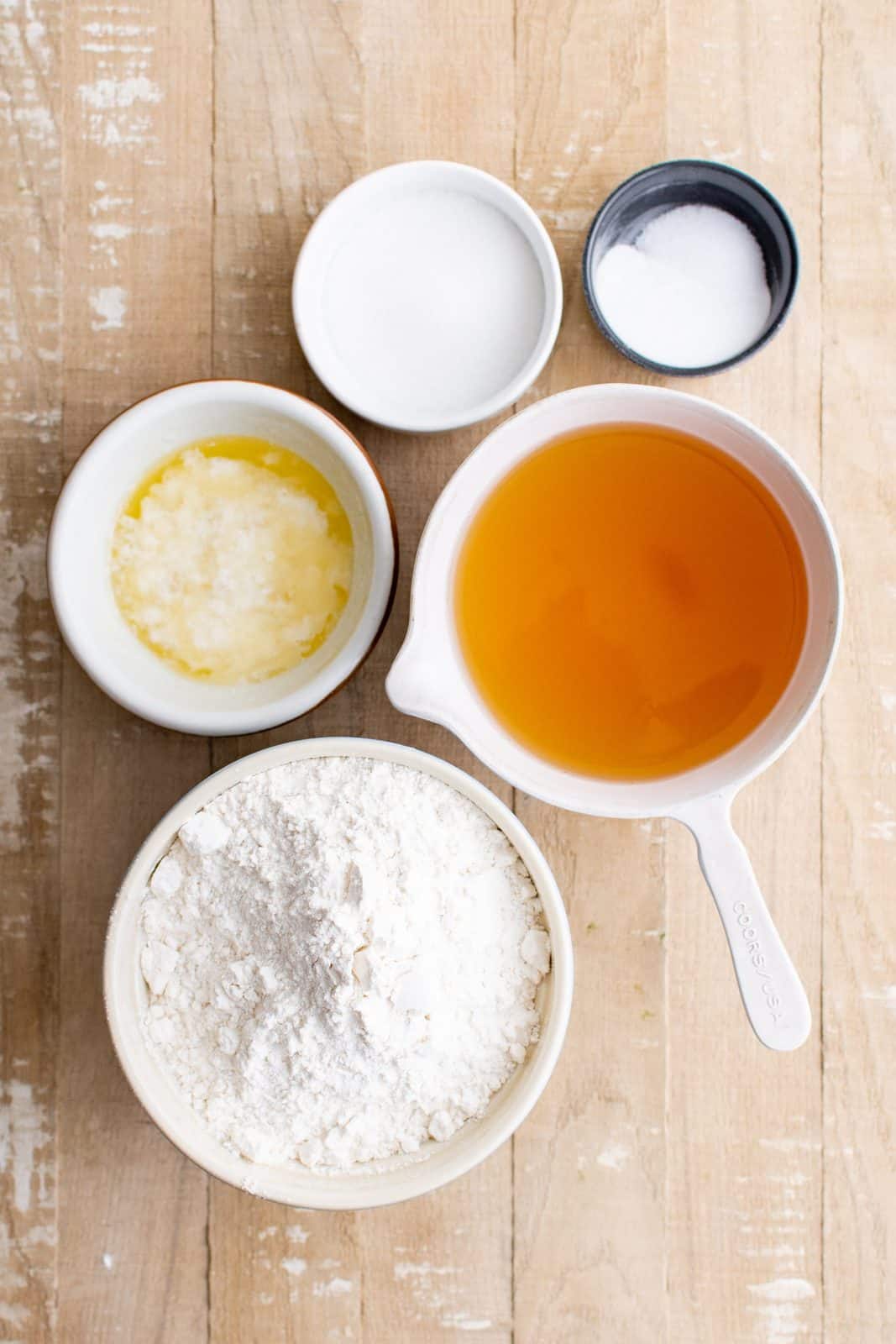 Ingredients needed: all-purpose flour, sugar, baking soda, salt, beer and butter