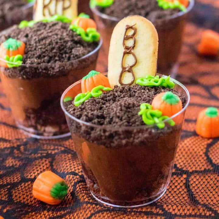 Square image of Halloween Graveyard Cups decorated.
