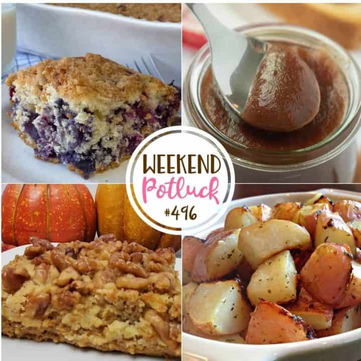 Weekend Potluck recipes include: Easy Pumpkin Dessert, Slow Cooker Apple Butter, Farmhouse Blueberry Coffee Cake and Garlic Roasted Potatoes