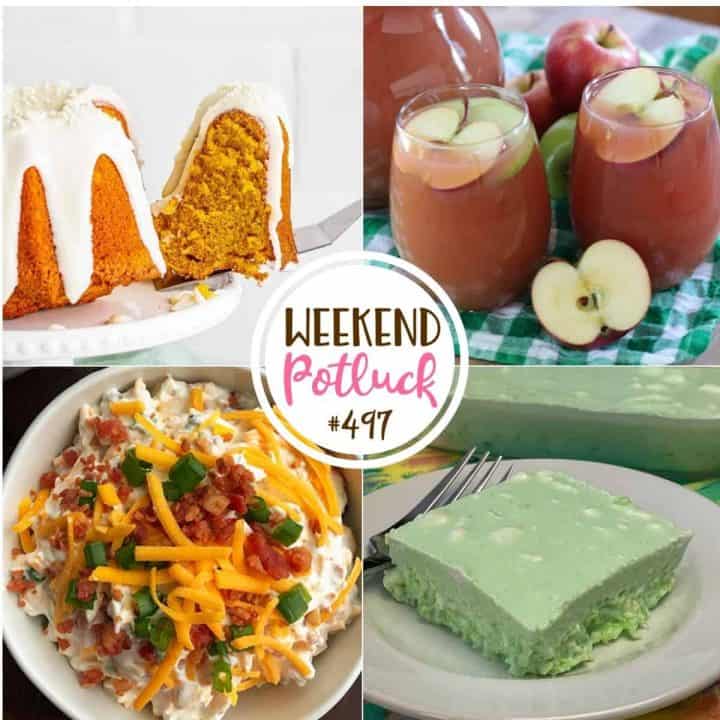 Weekend Potluck featured recipes: Lime Jell-o Salad, Air Fryer Pumpkin Cake, Loaded Baked Potato Dip and Autumn Harvest Punch