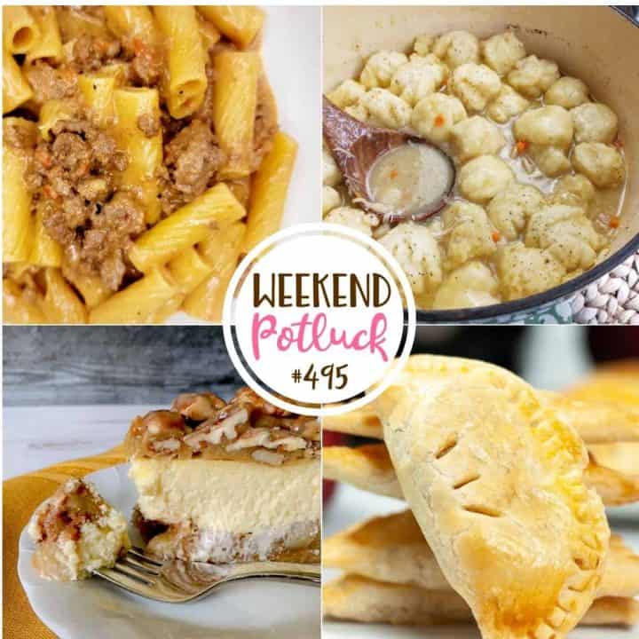 Weekend Potluck recipes: Creamy Cheesy Beefy Pasta, Air Fryer Apple Hand Pies, Apple Bottom Bourbon Pecan Cheesecake, Homemade Chicken and Dumplings