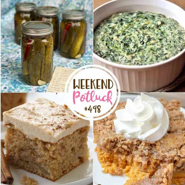 Weekend Potluck recipes include: 3-Ingredient Apple Cake, Pop's Spicy Garlic Dill Pickles, Easy Homemade Creamed Spinach and Pumpkin Dump Cake