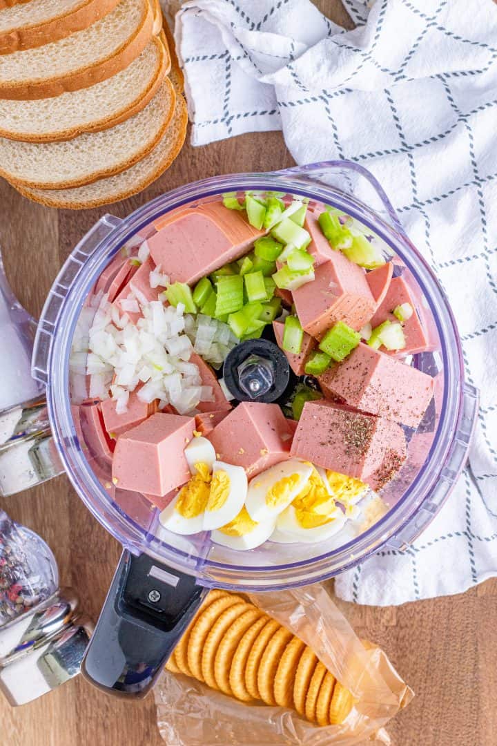 Bologna, egg, celery and onion in food processor.
