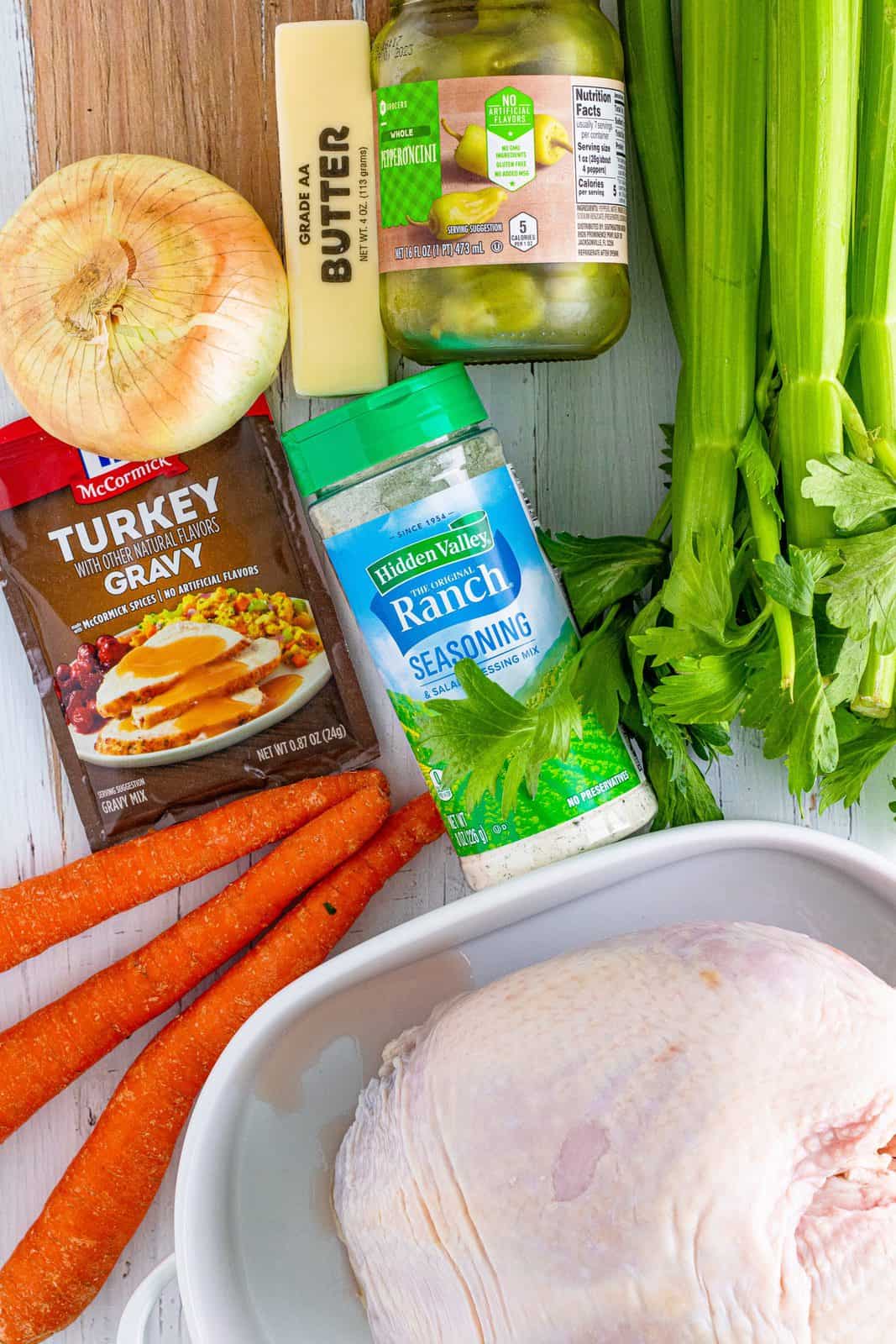 Ingredients needed: Carrots, celery, onion, turkey breast, turkey gravy mix, dried ranch seasoning, unsalted butter and pepperoncini peppers.