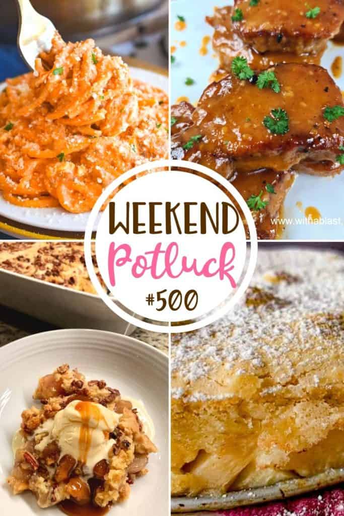 Weekend Potluck featured recipes: Magic Apple Cake, One Pot Million Dollar Spaghetti, 1000 Island Tangy Pork Chops and Easy Apple Dump Cake