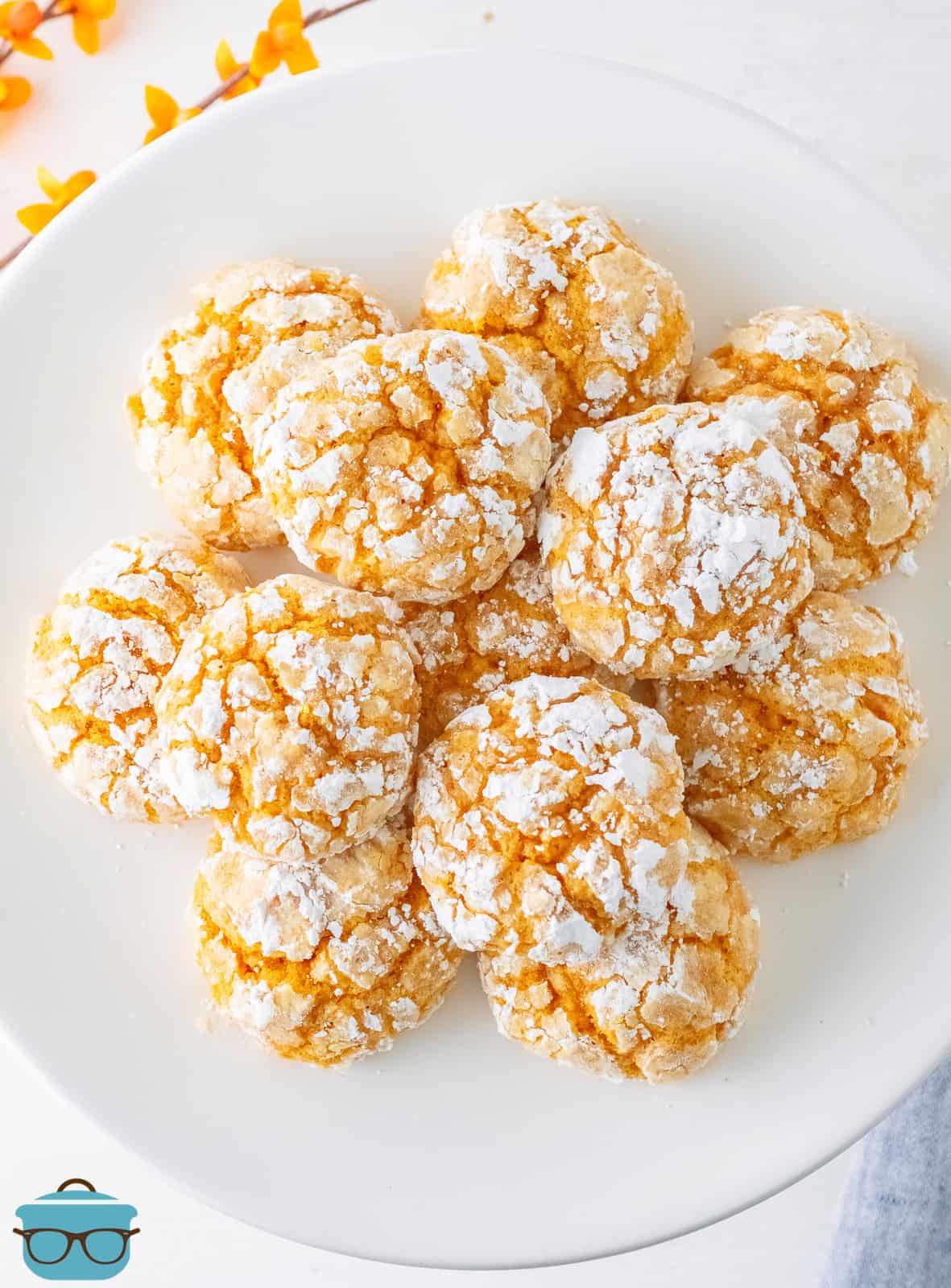 Overhead photo of stacked Pumpkin Crinkle Cookies on white plate.