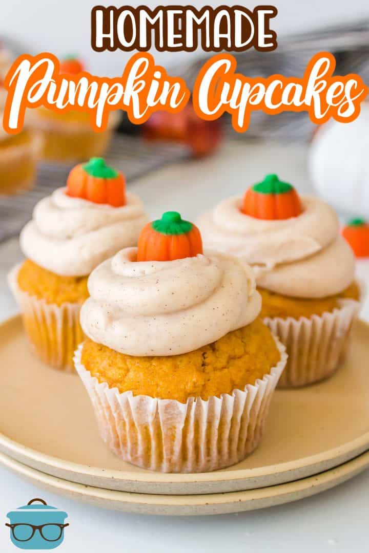 Three Homemade Pumpkin Cupcakes on plates Pinterest image.