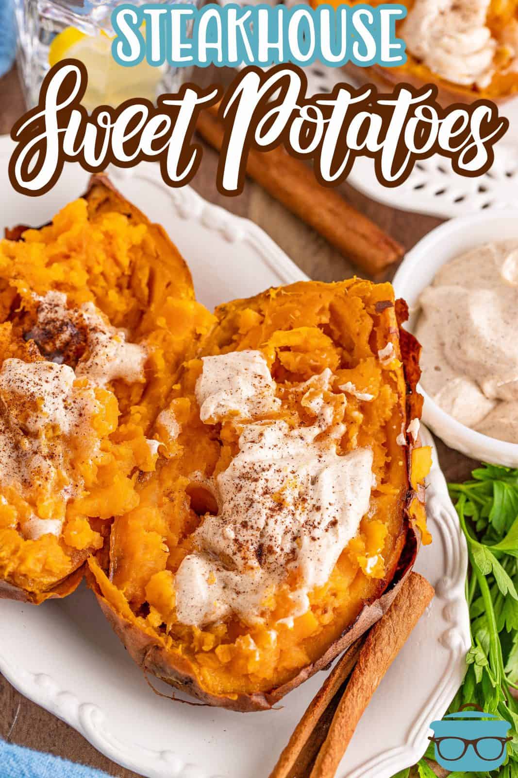 Pinterest image of Steakhouse Sweet Potatoes split open topped with butter.