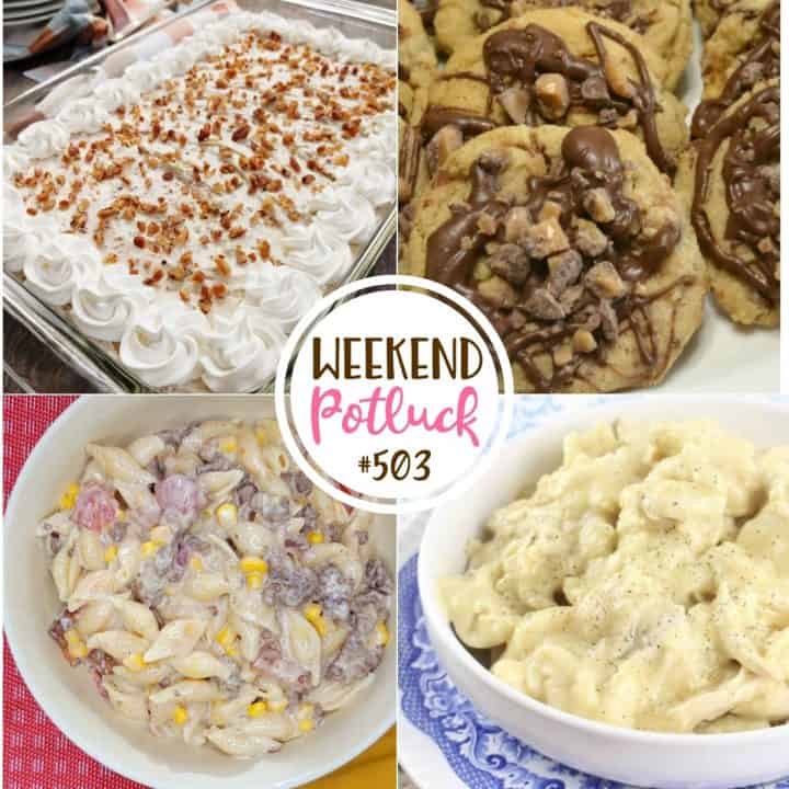 Weekend Potluck featured recipes: Cowboy Pasta, Peanut Butter Toffee Chocolate Chip Cookies, Easy Southern Chicken and Dumplings and Pecan Cream Deep Dish Pie