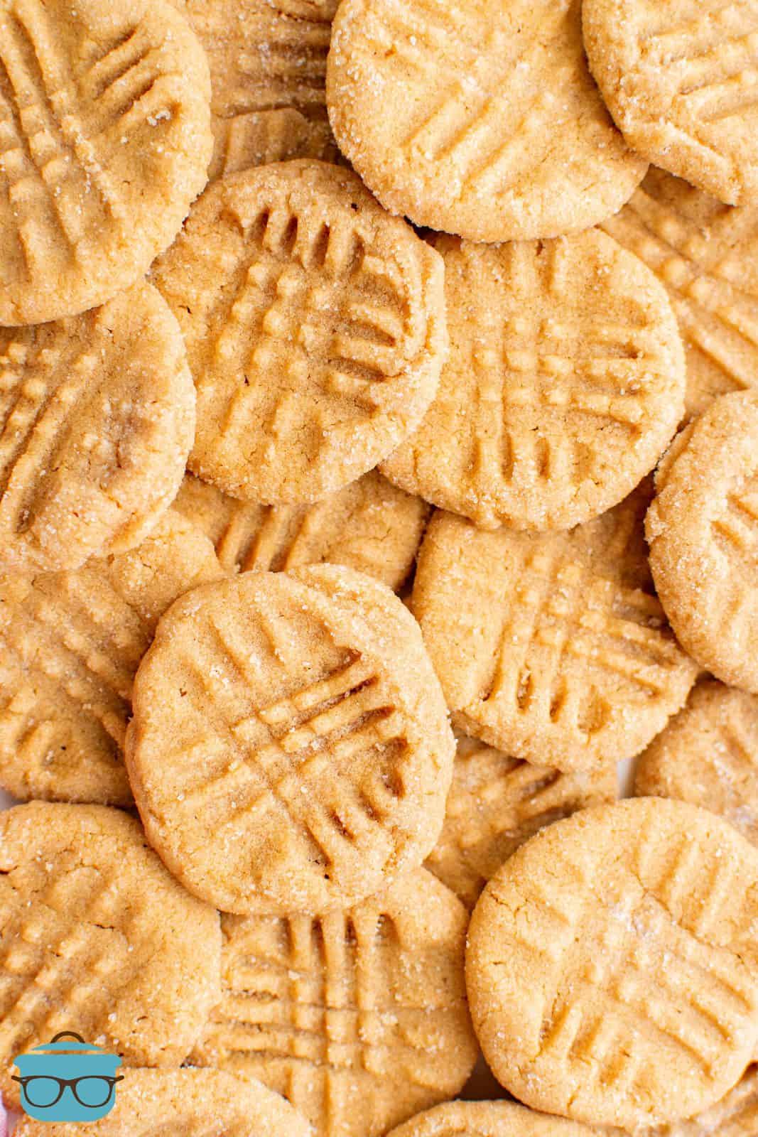Close up stacked photo of 3-Ingredient Peanut Butter Cookies.
