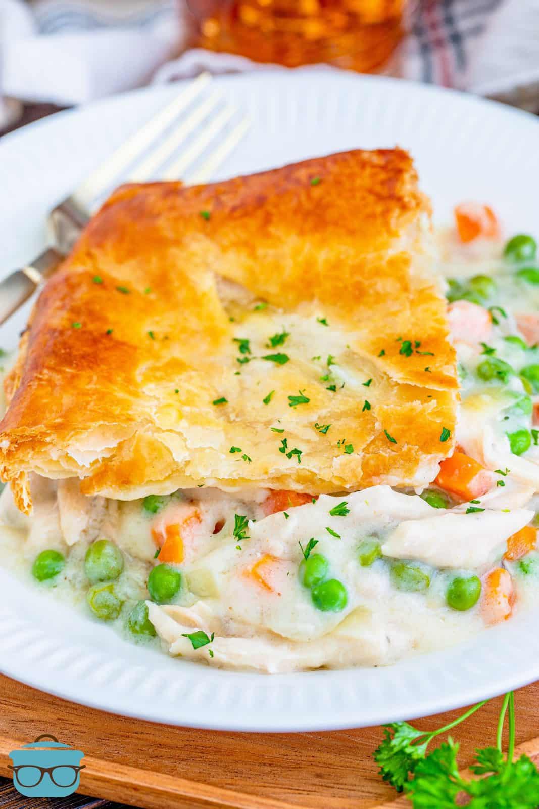 Puff Pastry Chicken Pot Pie on white plate.