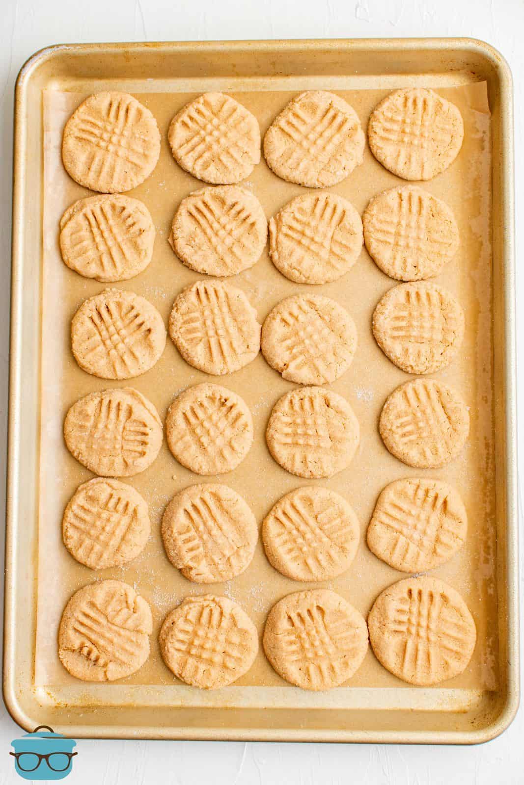 3-Ingredient Peanut Butter Cookies on baking sheet.