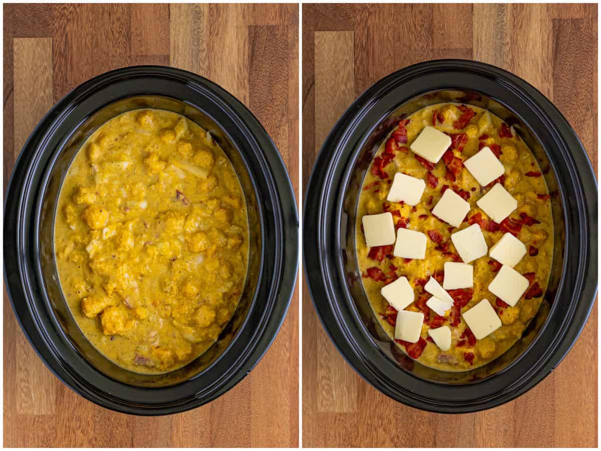 collage of two photos: cornbread dressing mixture added to the slow cooker; cooked bacon and sliced butter added to the top.
