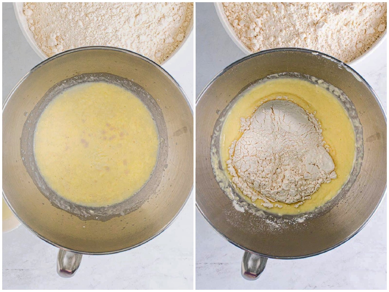 collage of two photos: yeast mixture added to butter and milk in bowl of stand mixer; flour added to yeast and butter mixture.