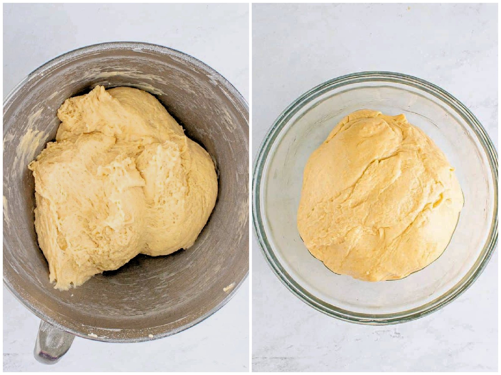 collage of two photos: finished dough in bowl of stand mixer; oiled bowl with dough added to it to rise.
