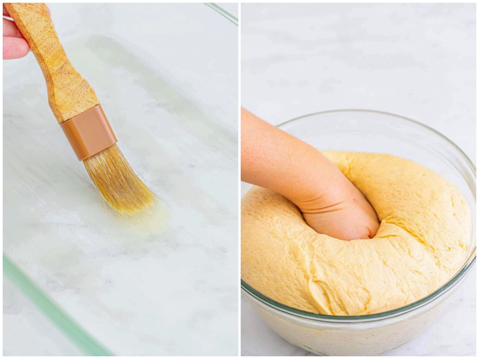 collage of two photos: butter being brushed onto bottom of baking dish; punching down dough ball in the bowl. 