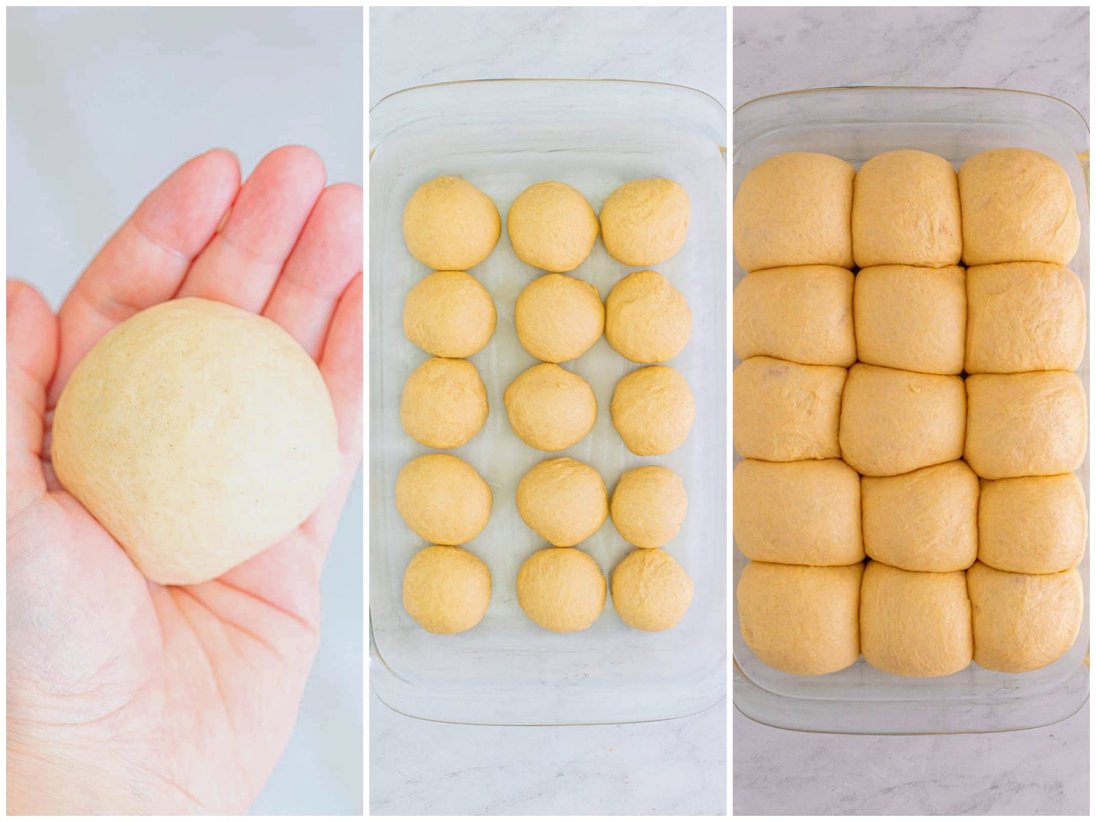 collage of three photos: hand holding a dough ball; dough balls added to buttered baking pan; risen dough balls in pan.